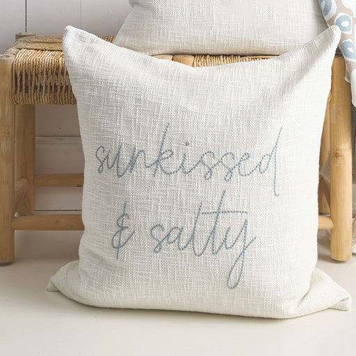 sunkissed and salty embroidered coastal euro pillow in cotton slub fabric with blue stitching
