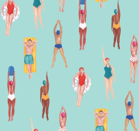 Riviera Swimmers cocktail napkins in acrylic holder, colorful illustrated swimmers on teal background