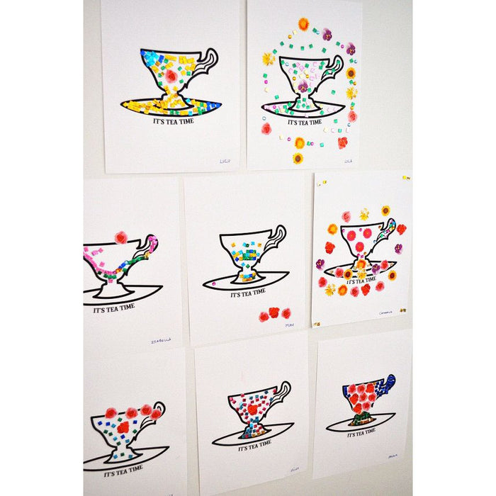 Printable tea cup coloring game cards displayed in a grid — personalized tea party activity for birthday parties, baby showers, and bridal showers
