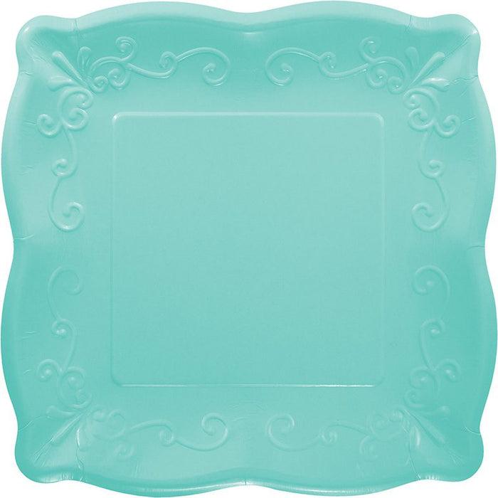 Teal blue square dinner paper plates with scalloped edge and embossed detail