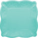 Teal blue square dinner paper plates with scalloped edge and embossed detail