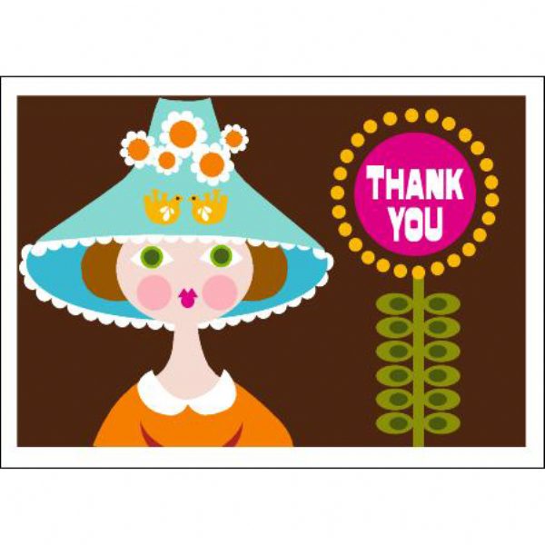 Retro Thank You Card — close-up of illustrated woman in blue hat with flower, whimsical vintage design