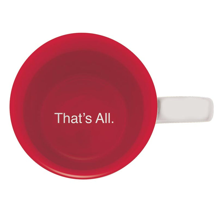 That's All Holiday Mug — red ceramic mug with That's All text, top-down view