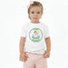 Toddler girl wearing white personalized camp t-shirt with custom camp name design