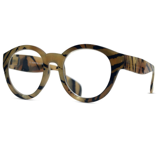 Tortoise Reading Glasses — round full-frame readers with bold tortoise shell pattern, angled view