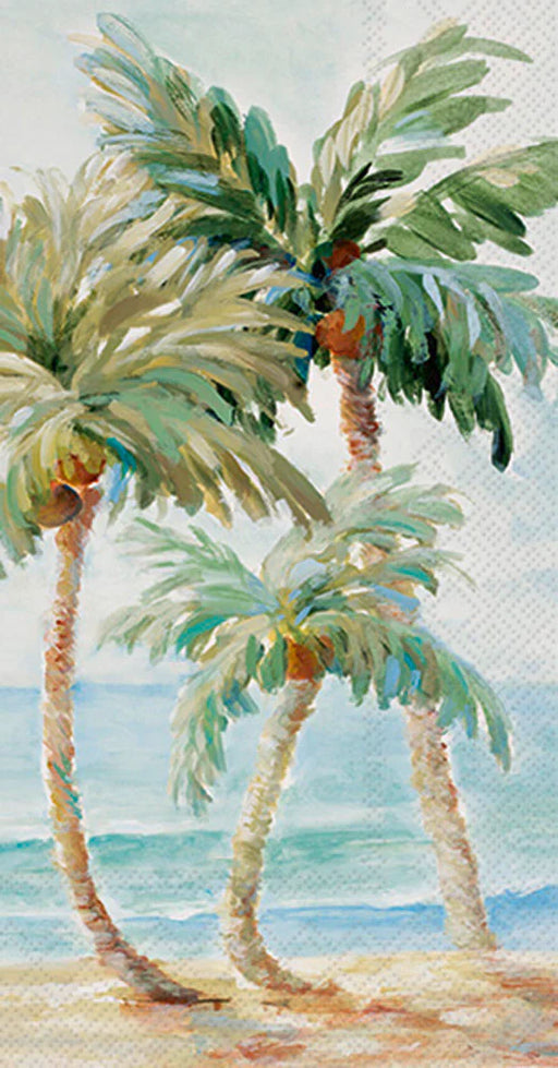 Watercolor palm tree and beach scene paper guest towels, 8.5 x 4.5 inch folded, set of 2 packs
