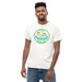 Man wearing white personalized camp t-shirt with custom name design