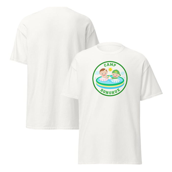 White camp t-shirts showing front and back custom design
