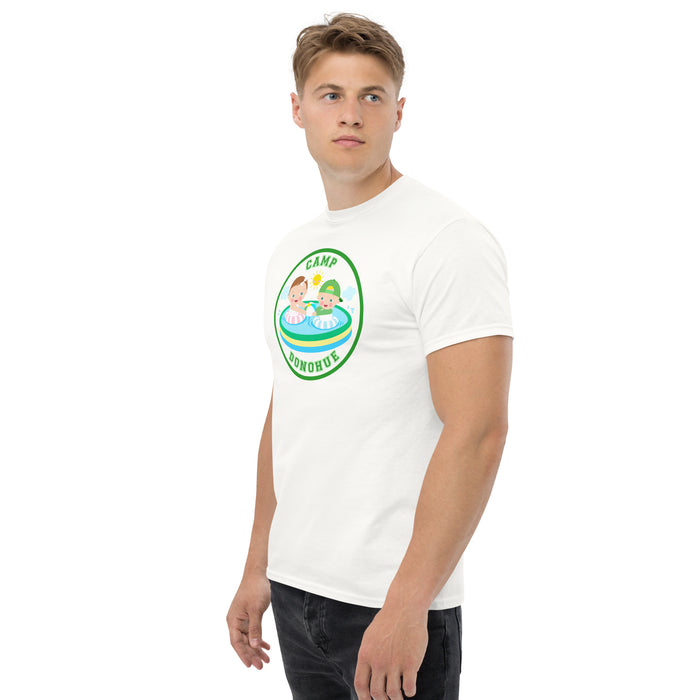 Side view of man wearing custom camp name t-shirt
