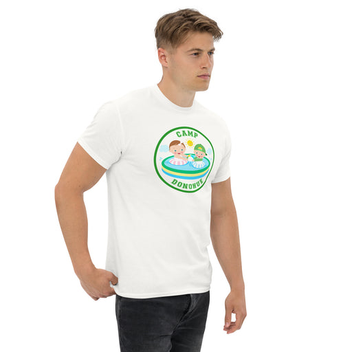 Man wearing white personalized camp t-shirt with custom name design