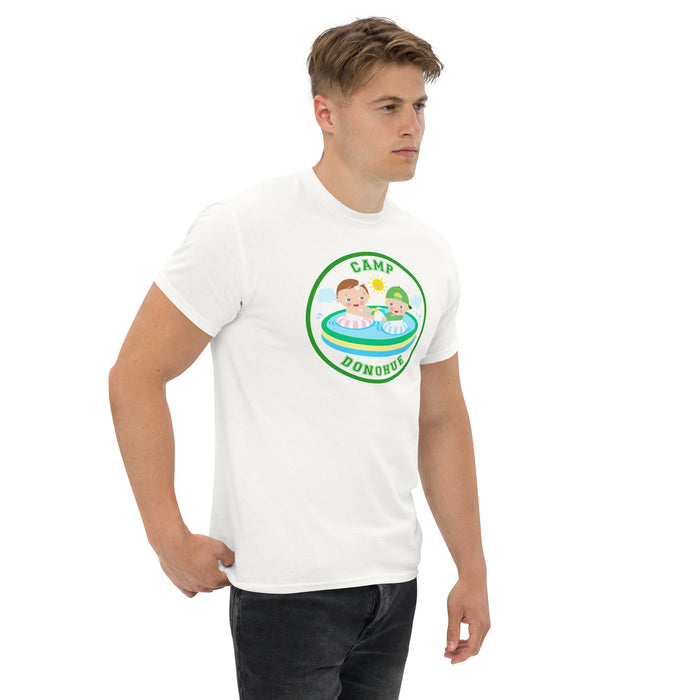 Man wearing white personalized camp t-shirt with custom name design