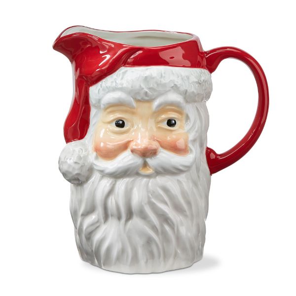 A ceramic pitcher designed to resemble Santa Claus with a red hat and white beard.