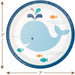 Blue whale dessert paper plate with orange and aqua fish, 7 inch ocean-themed party plate
