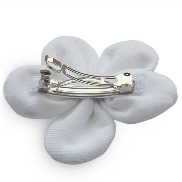 White cotton flower hair clip showing alligator clip back – girls hair accessory from Modern Lola