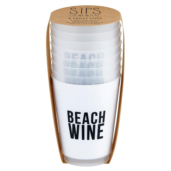 Frosted plastic Beach Wine cup with bold black lettering for beach days and summer entertaining
