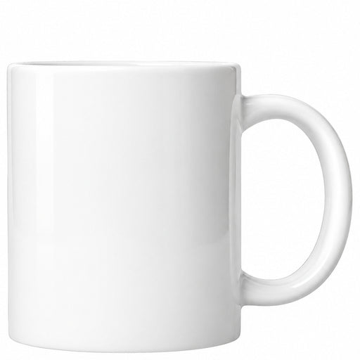 A blank white ceramic mug held in the open palm of a person's hand, wearing a beige knit sleeve, against a solid white background.