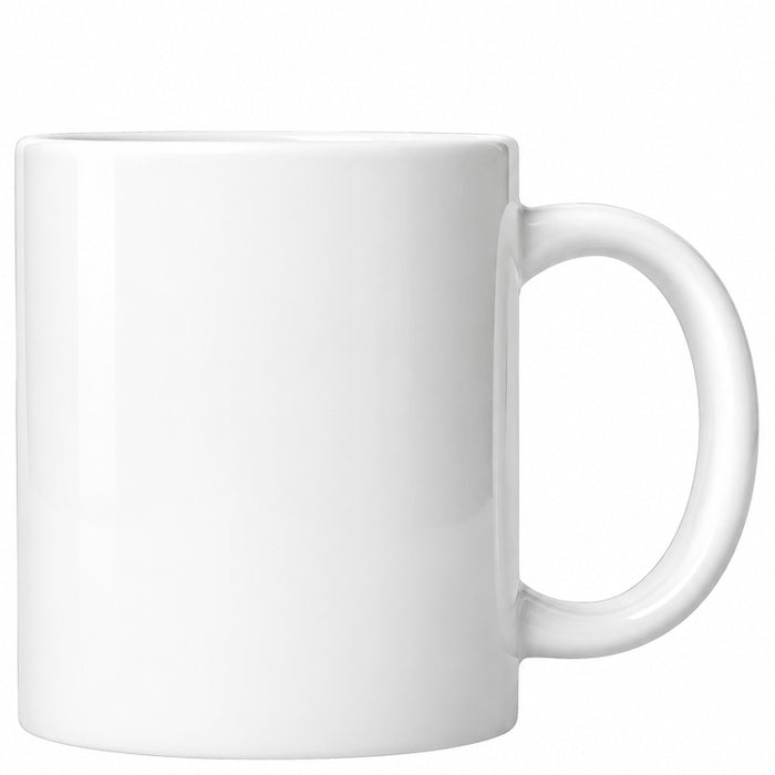 A blank white ceramic mug held in the open palm of a person's hand, wearing a beige knit sleeve, against a solid white background.