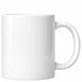 A blank white ceramic mug held in the open palm of a person's hand, wearing a beige knit sleeve, against a solid white background.