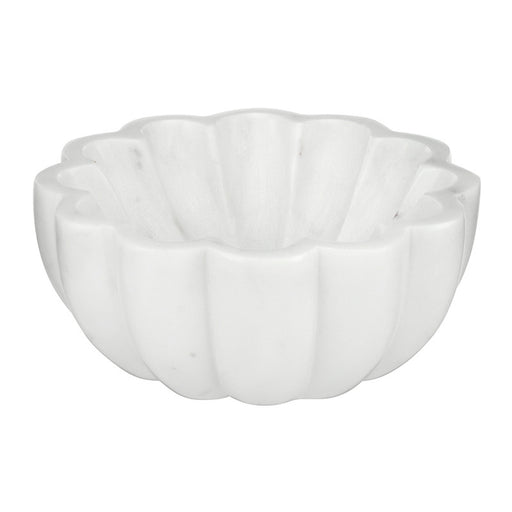 White marble scallop accent bowl with soft scalloped edges for coastal tabletop styling