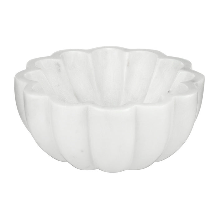 White marble scallop accent bowl with soft scalloped edges for coastal tabletop styling