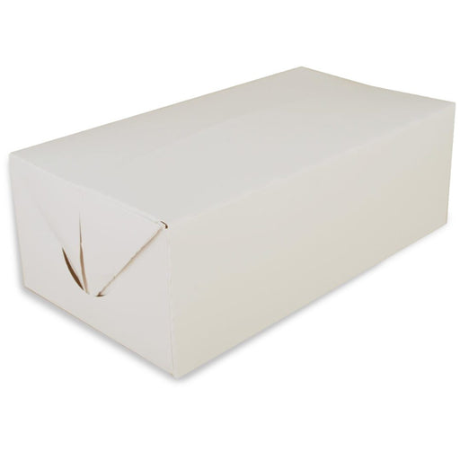 White Rectangular Paperboard Take-Out Box — side view showing fast-top closure tabs, set of 12, recyclable and compostable