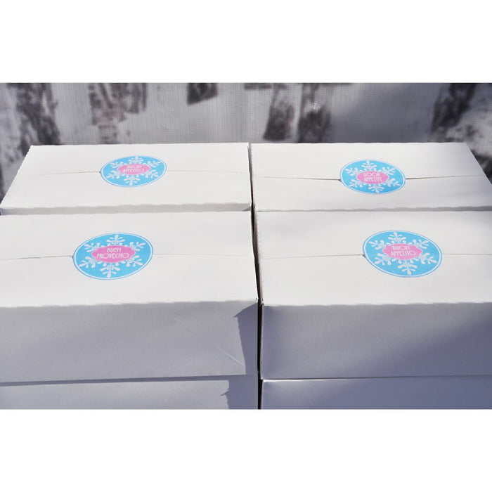 White Rectangular Paperboard Take-Out Box — four closed boxes styled with custom round labels, perfect for entertaining and gifting