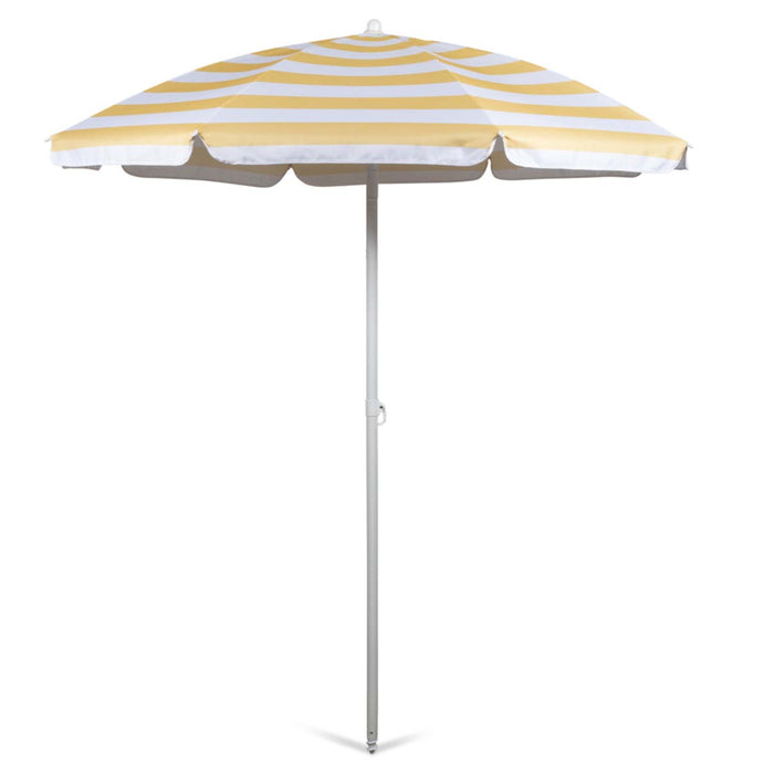 Yellow and white cabana stripe beach umbrella with steel pole and outdoor sunshade canopy