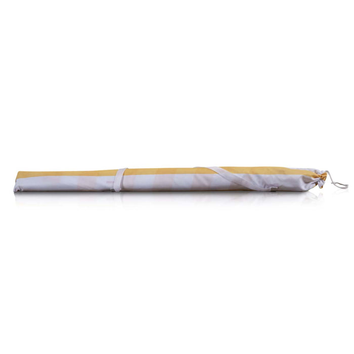 Yellow and white cabana stripe beach umbrella with steel pole and outdoor sunshade canopy