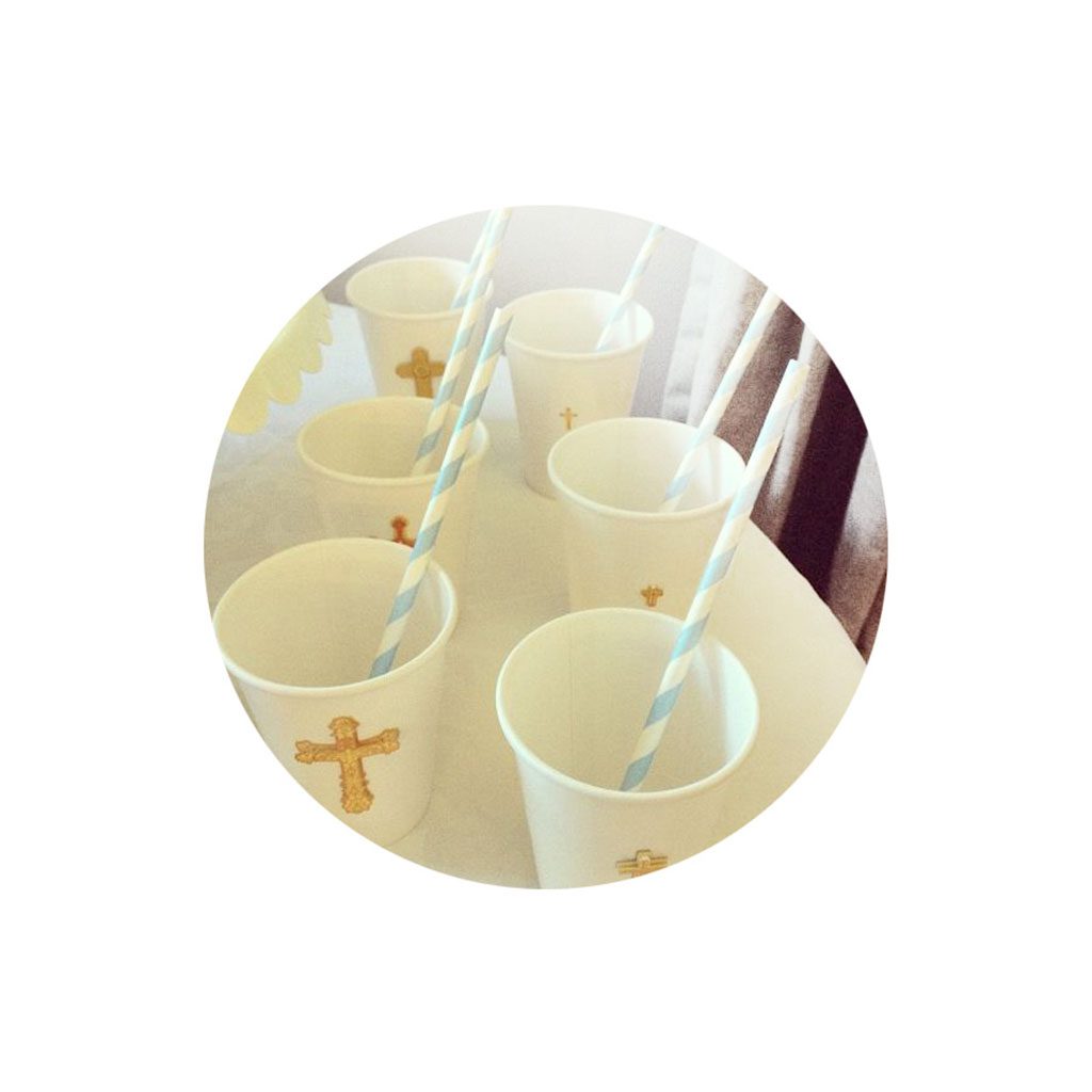 White Paper Cups with Gold Dimensional Cross Stickers