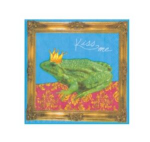 Kiss Me Frog Cocktail Napkin featuring a crowned frog design on a blue background