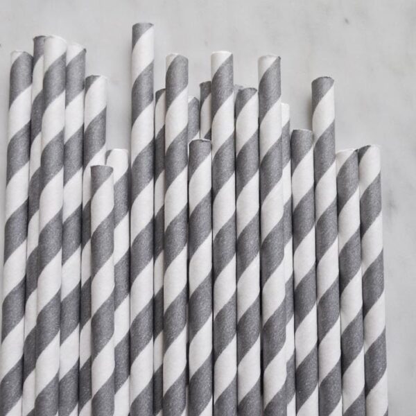 Grey Retro Barber Striped Paper Straws Set