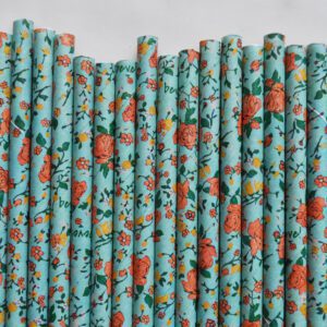 Teal Blue Vintage Flowers Paper Straws Set of 23