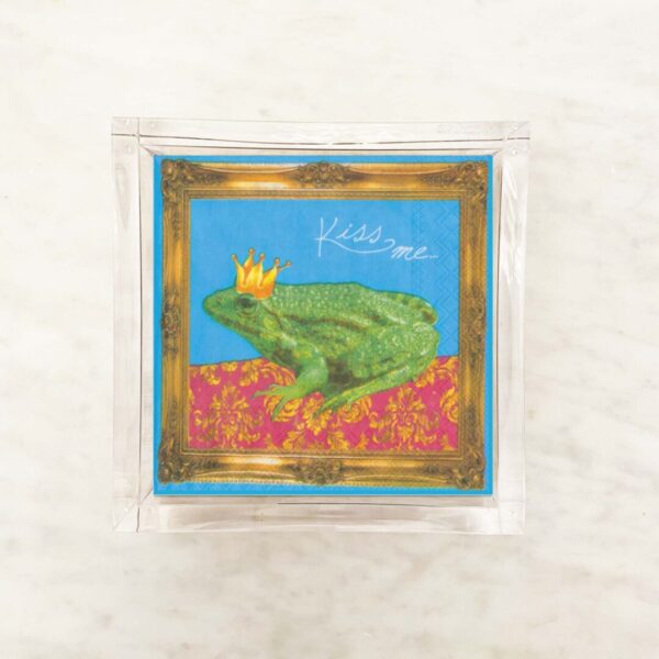 Kiss Me Frog Cocktail Napkin featuring a crowned frog design on a blue background