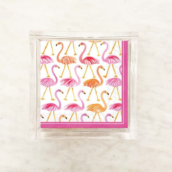 Flamingo print paper napkins featuring a whimsical pattern of pink and orange flamingos on a white background, with a pink border. Perfect for tropical-themed parties, summer events, and celebrations