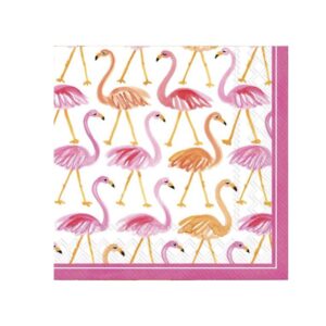 Flamingo print paper napkins featuring a whimsical pattern of pink and orange flamingos on a white background, with a pink border. Perfect for tropical-themed parties, summer events, and celebrations