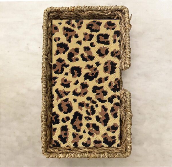 Leopard print guest paper napkins featuring a bold animal print design with dark brown and black spots on a beige background, perfect for buffets, parties, and events