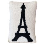Eiffel Tower Hook Pillow with wool front and cotton backing, measuring 8 inches by 12 inches, in natural off-white and black.