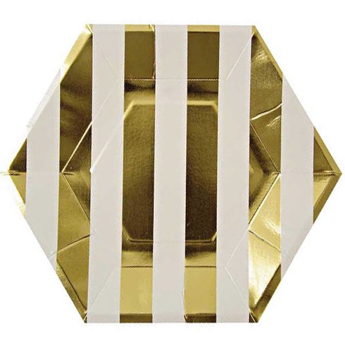 Gold and White Stripes Hexagonal Paper Plates