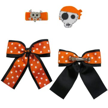 Halloween pirate-themed hair clips featuring orange polka dot bows and skull designs, perfect for girls' costumes and Halloween parties