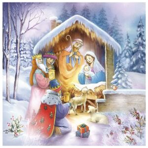 Enchant Your Holiday Table with Winter Nativity Scene Luncheon Napkins in Pastel Colors, and snow