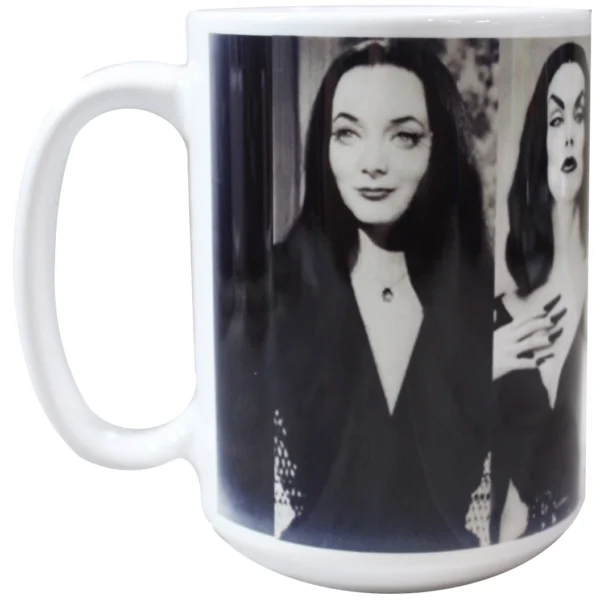 The First Ladies of Goth Mug featuring Morticia Addams, Vampira, Elvira, and Lily Munster