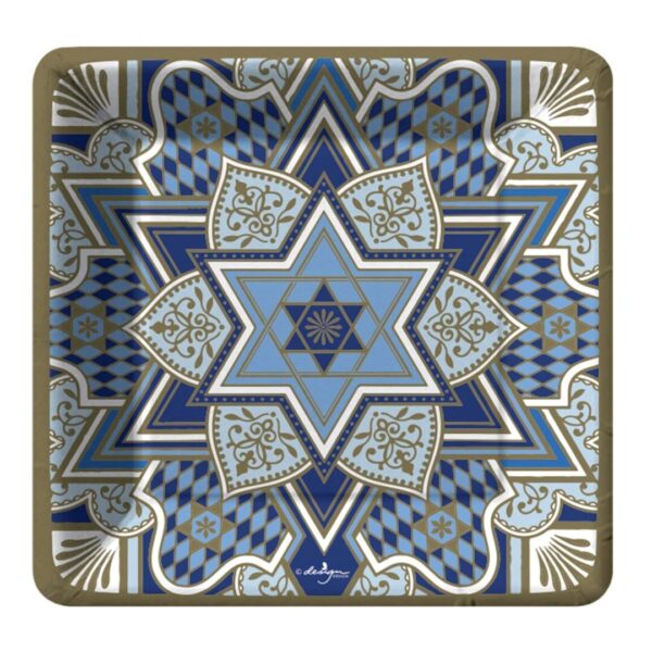 Star of David Rich Tradition Paper Dessert Plates with an intricate blue and gold geometric design, ideal for Hanukkah and Jewish celebrations