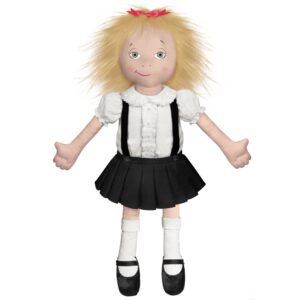 Eloise at the Plaza soft doll with messy blonde hair, wearing a black skirt, white blouse, and suspenders