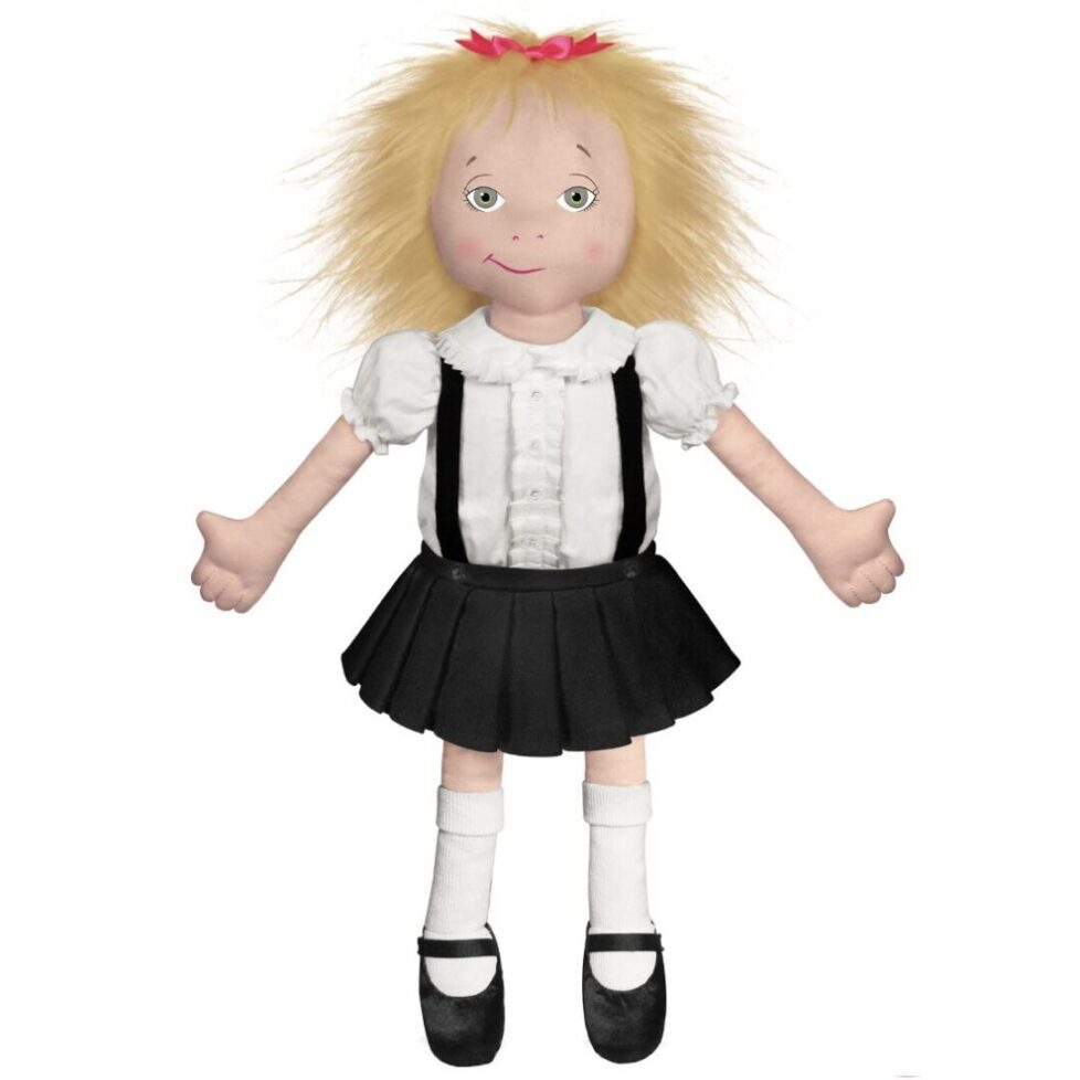 Eloise at the Plaza soft doll with messy blonde hair, wearing a black skirt, white blouse, and suspenders