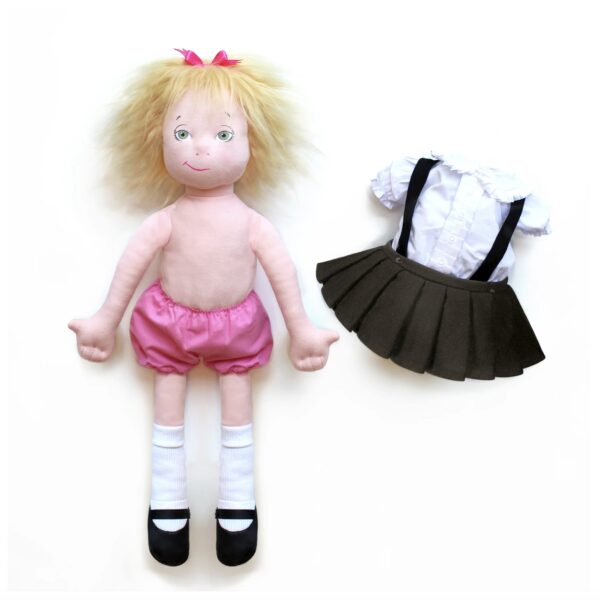 Eloise at the Plaza soft doll with messy blonde hair, wearing her pink bloomers, knee high white socks and mary janes