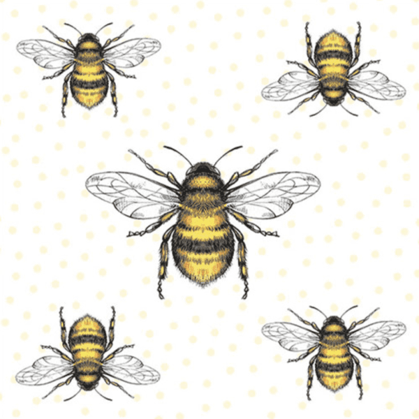 Paper napkin featuring a pattern of detailed black and yellow bees with transparent wings on a white background with yellow polka dots