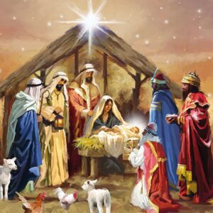 Nativity scene with Mary, Joseph, baby Jesus, and the Three Wise Men under a stable, surrounded by animals, with a bright star shining above