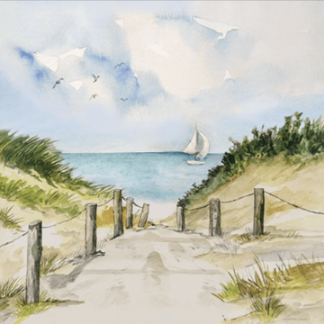 Decoupage printed napkin featuring a watercolor painting of a sandy path through dunes leading to the ocean with a sailboat in the distance and birds flying in the sky