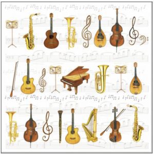 Vintage music instrument printed paper napkin featuring Music Stand, Saxophone, Trumpet, Viola, Cello, Double Bass, Violin, Piano, Trombone, Tuba, Mandolin, Oboe, Harp, Musical Notes, instruments for party decor and decoupage crafts.