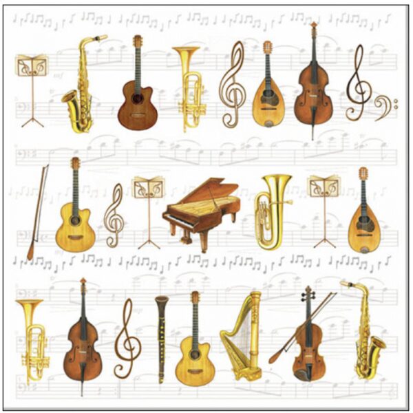 Vintage music instrument printed paper napkin featuring Music Stand, Saxophone, Trumpet, Viola, Cello, Double Bass, Violin, Piano, Trombone, Tuba, Mandolin, Oboe, Harp, Musical Notes, instruments for party decor and decoupage crafts.